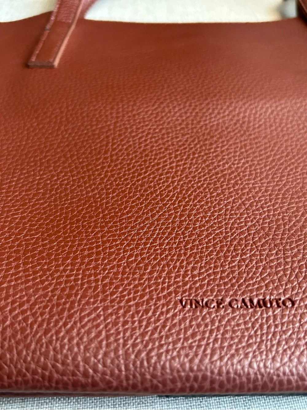 Vince Camuto, Brown Vegan Pebbled Leather Tote Bag with Black Stripe